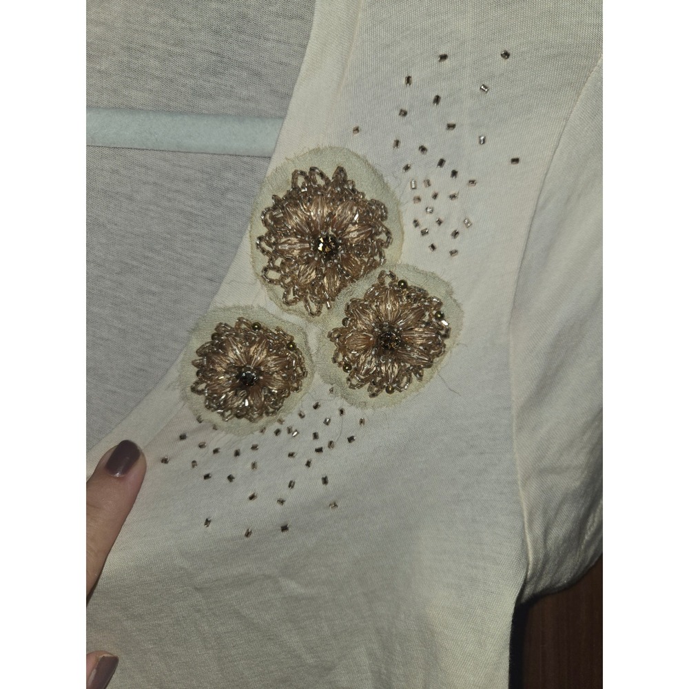 J.Crew Womens Ivory Embellished Floral Beaded V-Neck Cotton T-Shirt Size M NEW - Picture 5 of 6